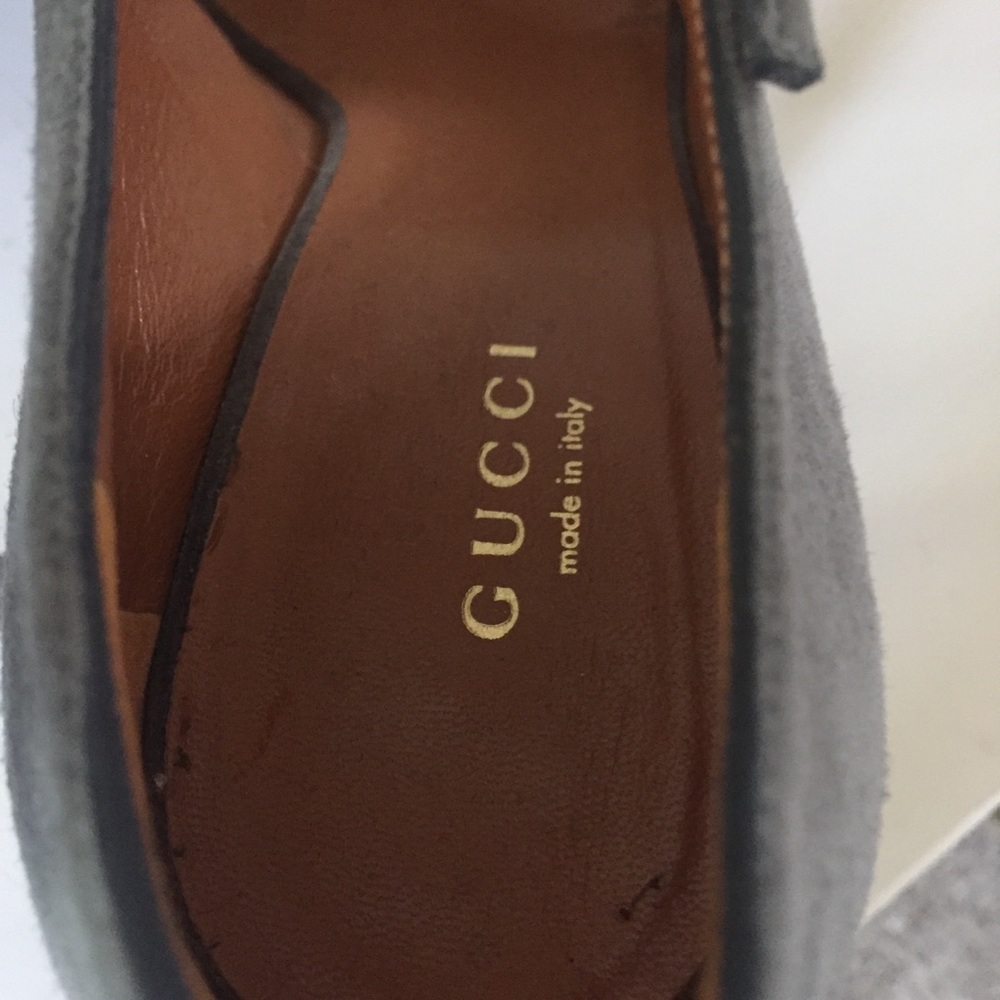 Gucci Gray Suede T-Strap Peep-Toe High Heels - Picture 7 of 8